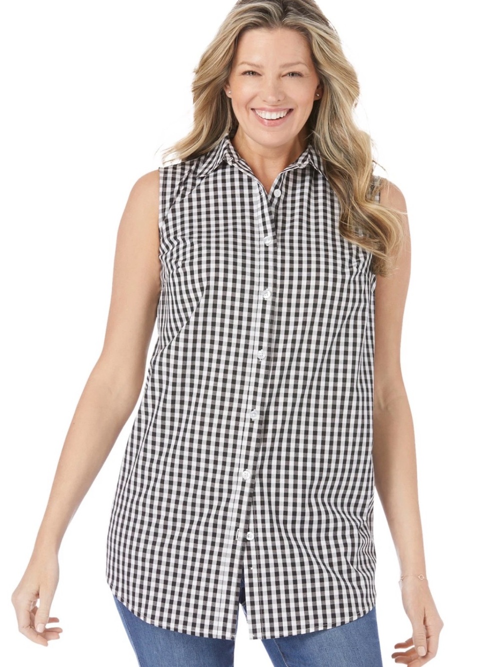 Woman Within Black Gingham Sleeveless Button Down Shirt 18/20 L Crisp Cotton